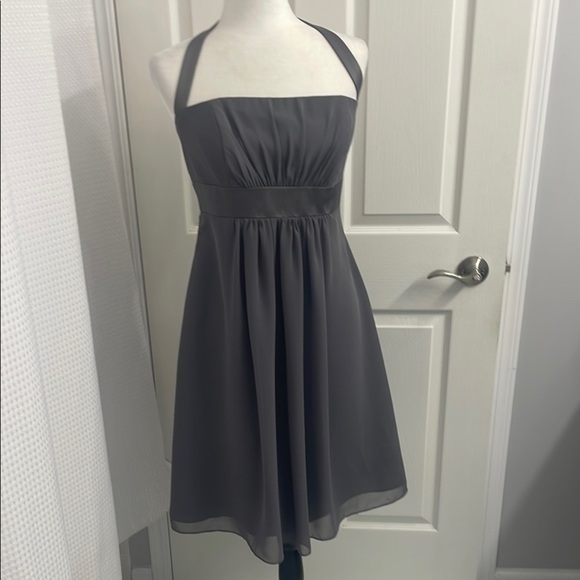 Alfred Angelo Gray Ruched Halter Empire Waist Lined Formal Dress Sz 12 - Picture 1 of 12